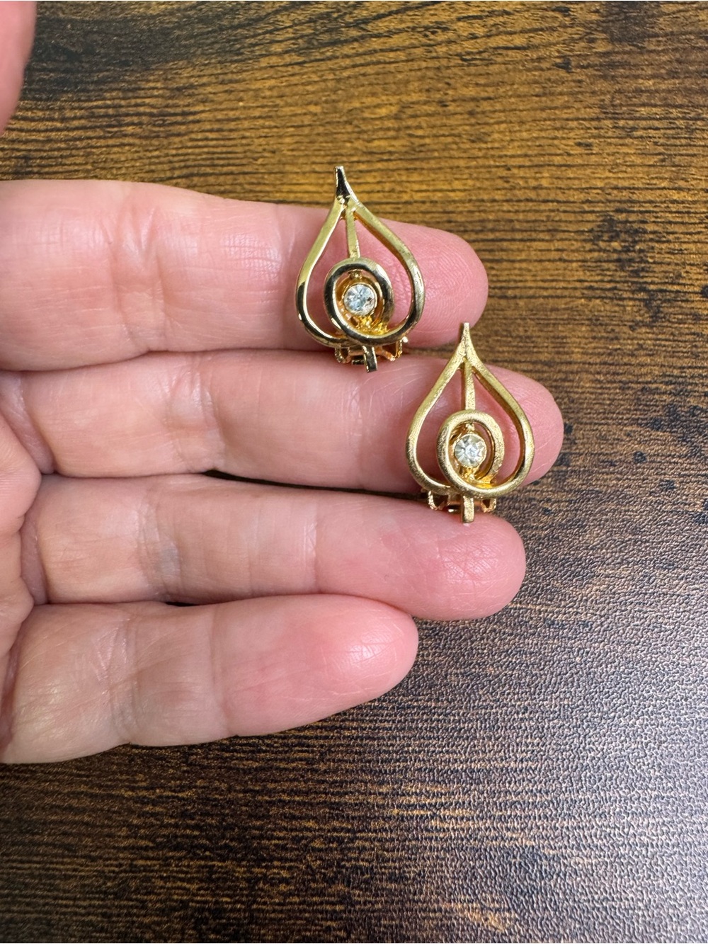 Vintage Gold and Clear Stone Teardrop Clip-On Earrings
